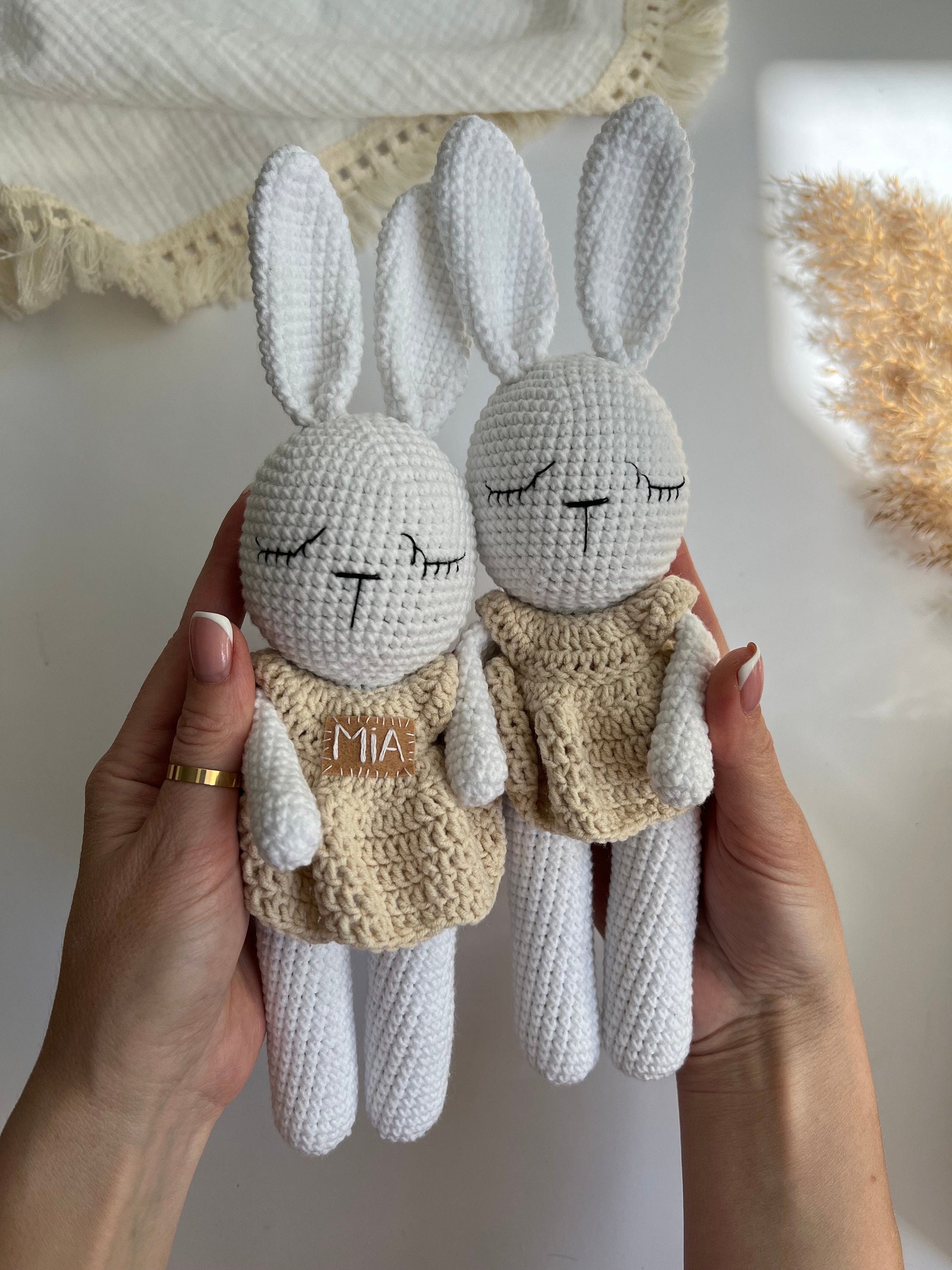 Handmade crochet rabbit amigurumi, personalized bunny toy, cute soft stuffed animal, first Christmas gift, grandchild holiday gift