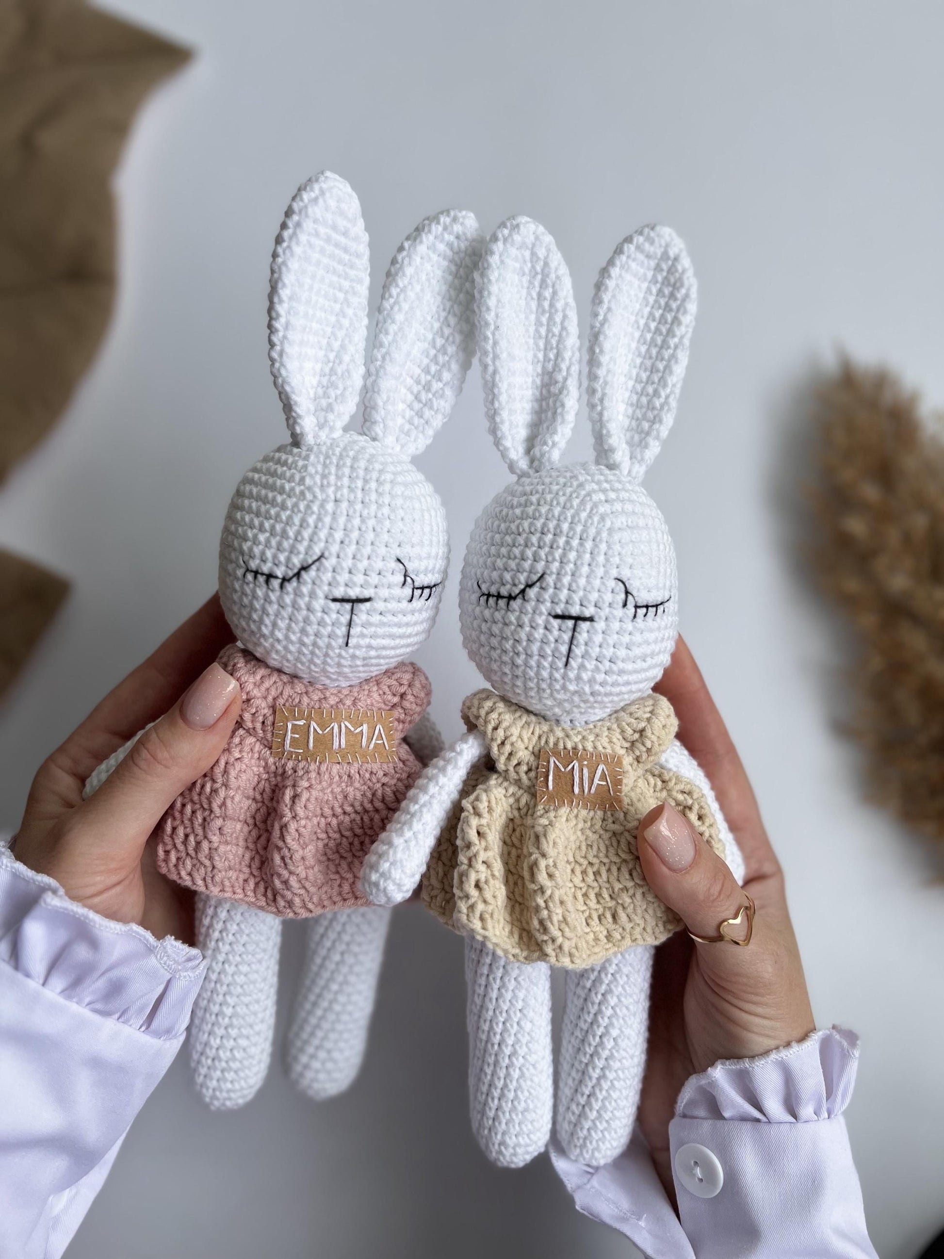 Handmade crochet rabbit amigurumi, personalized bunny toy, cute soft stuffed animal, first Christmas gift, grandchild holiday gift