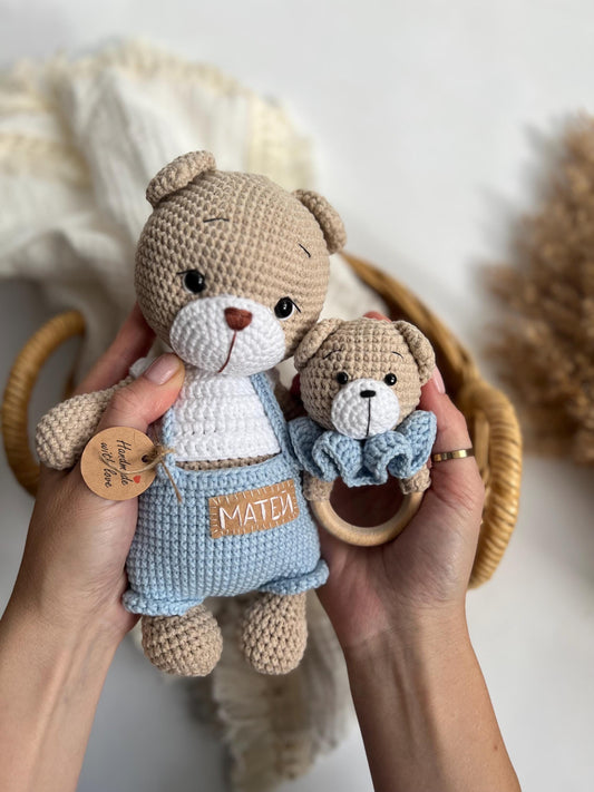 Amigurumi crochet teddy bear, personalized handmade bear toy, first Christmas gift, soft stuffed animal, baptism baby gift