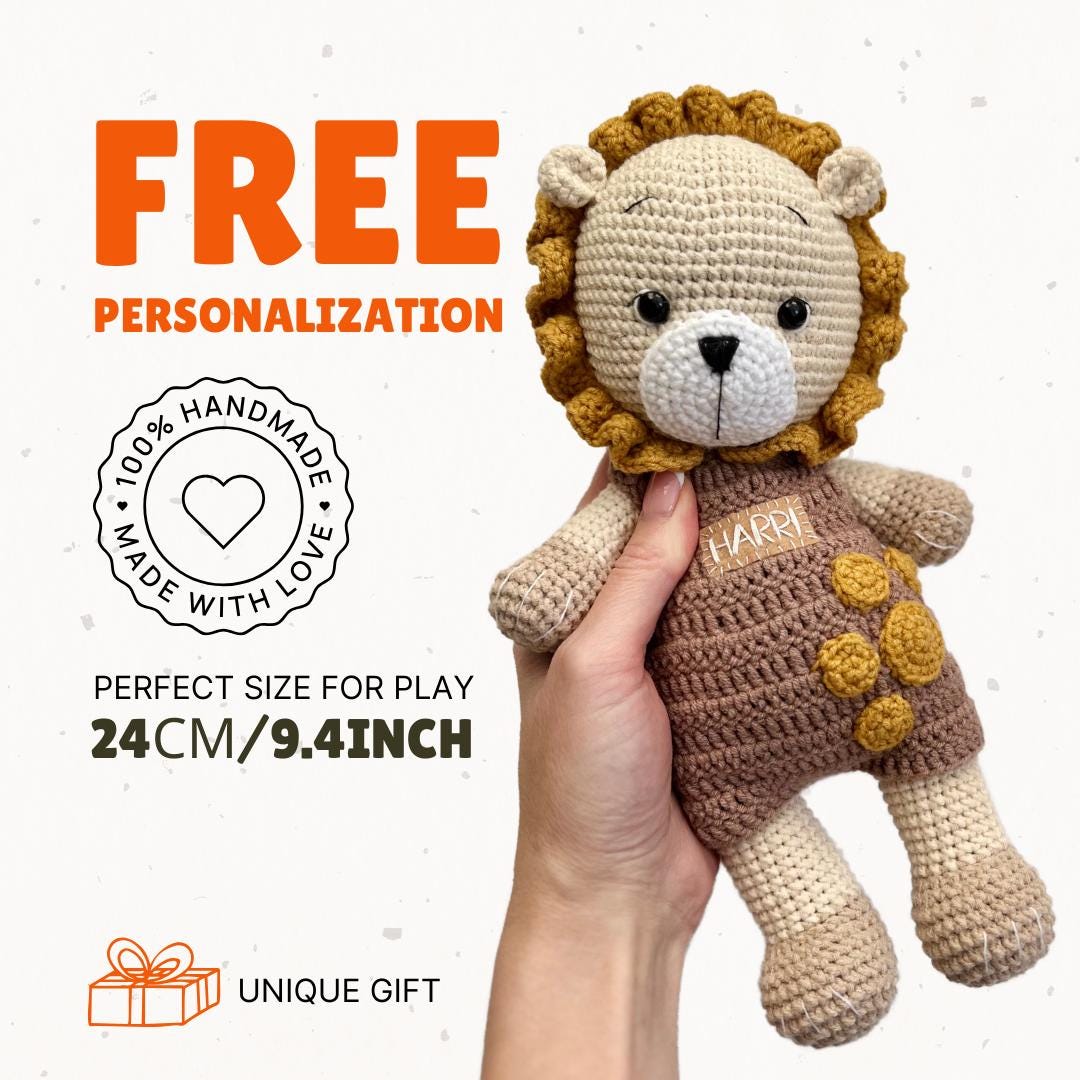 Eco-friendly crochet lion plush, personalized safari animal toy, custom small lion amigurumi, boho nursery decor, baby shower gift idea