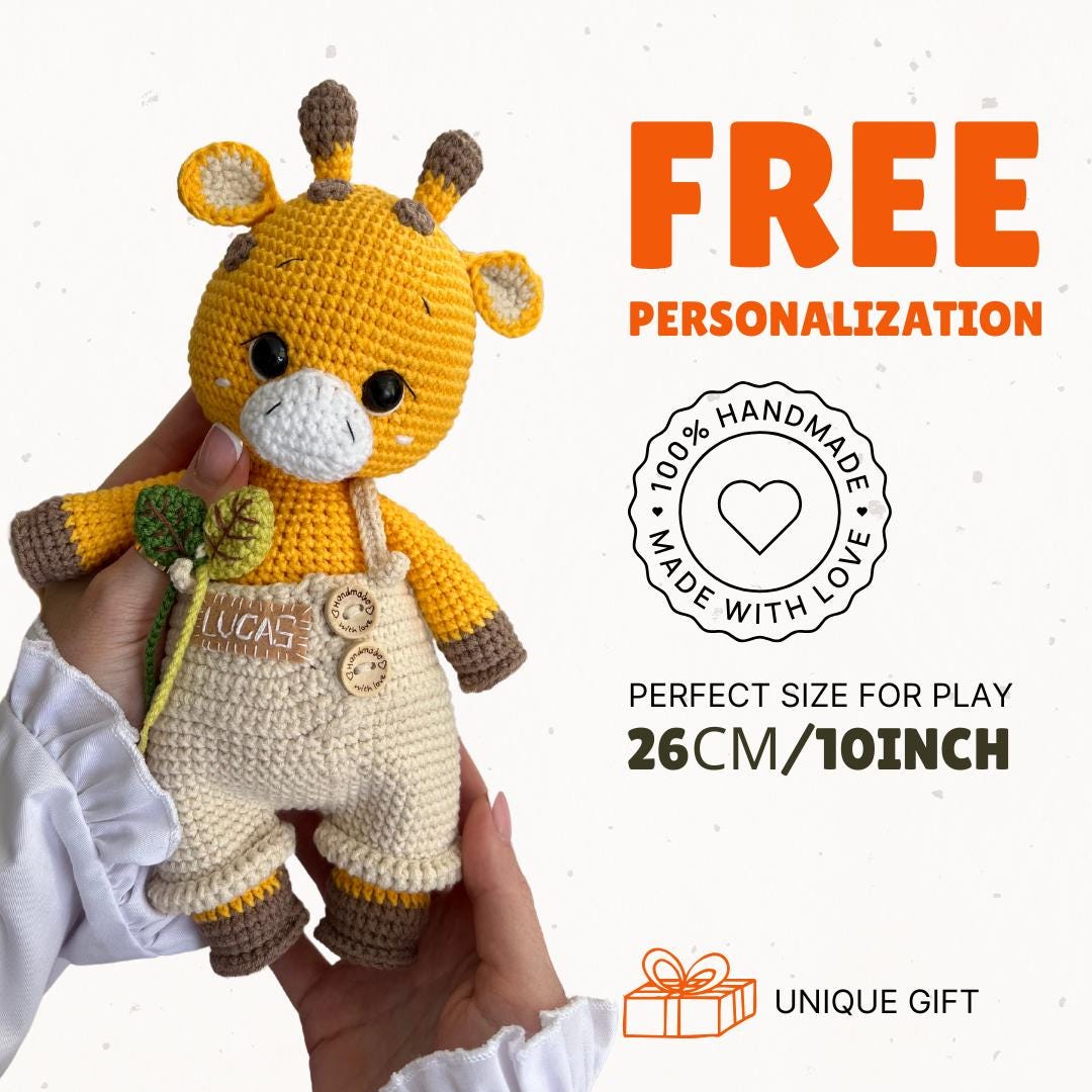 Personalized crochet giraffe amigurumi, handmade safari crochet toy, first Christmas gift idea, stuffed plush animals, christening gift