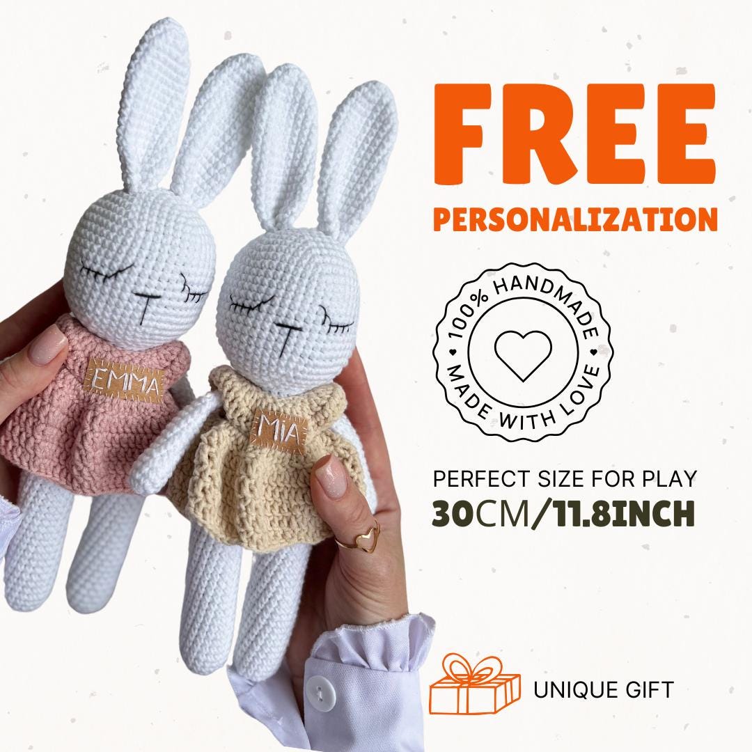 Handmade crochet rabbit amigurumi, personalized bunny toy, cute soft stuffed animal, first Christmas gift, grandchild holiday gift