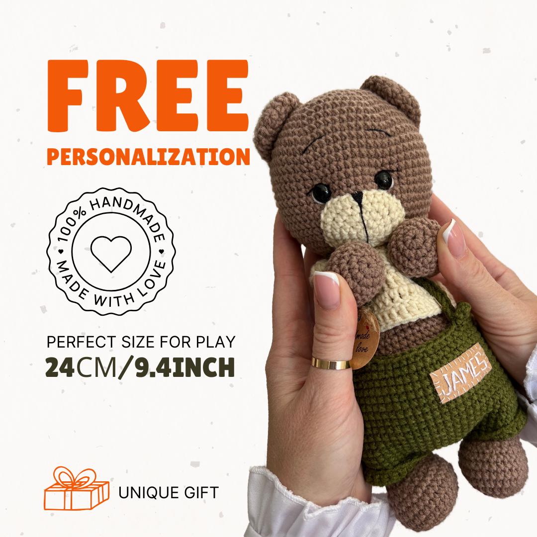 Personalized crochet teddy bear, cute bear amigurumi, baby Christmas gift, boho nursery decor, organic baby toys, first Halloween gift