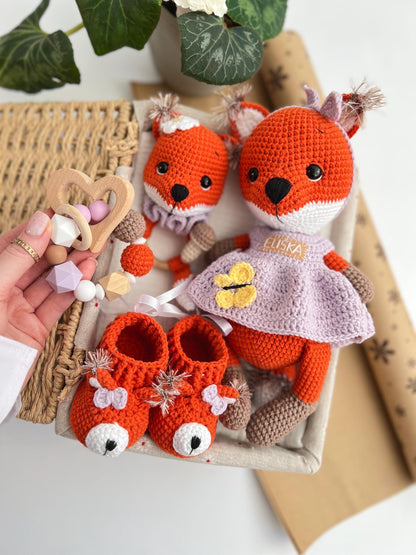 Plush crochet fox amigurumi, baptism baby gift, handmade soft stuffed animal, christening gift, personalized organic baby toys