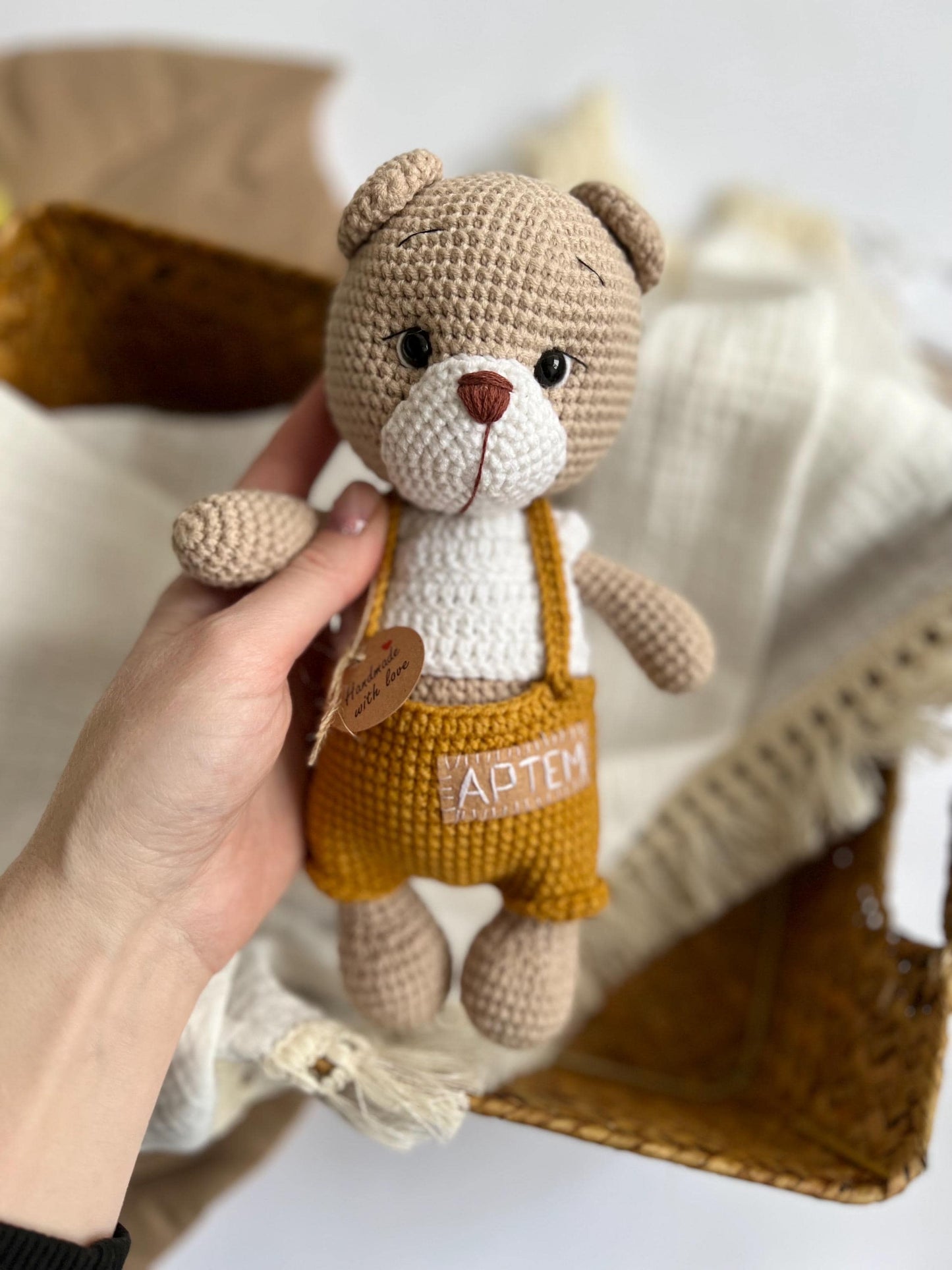 Personalized crochet teddy bear, cute bear amigurumi, baby Christmas gift, boho nursery decor, organic baby toys, first Halloween gift