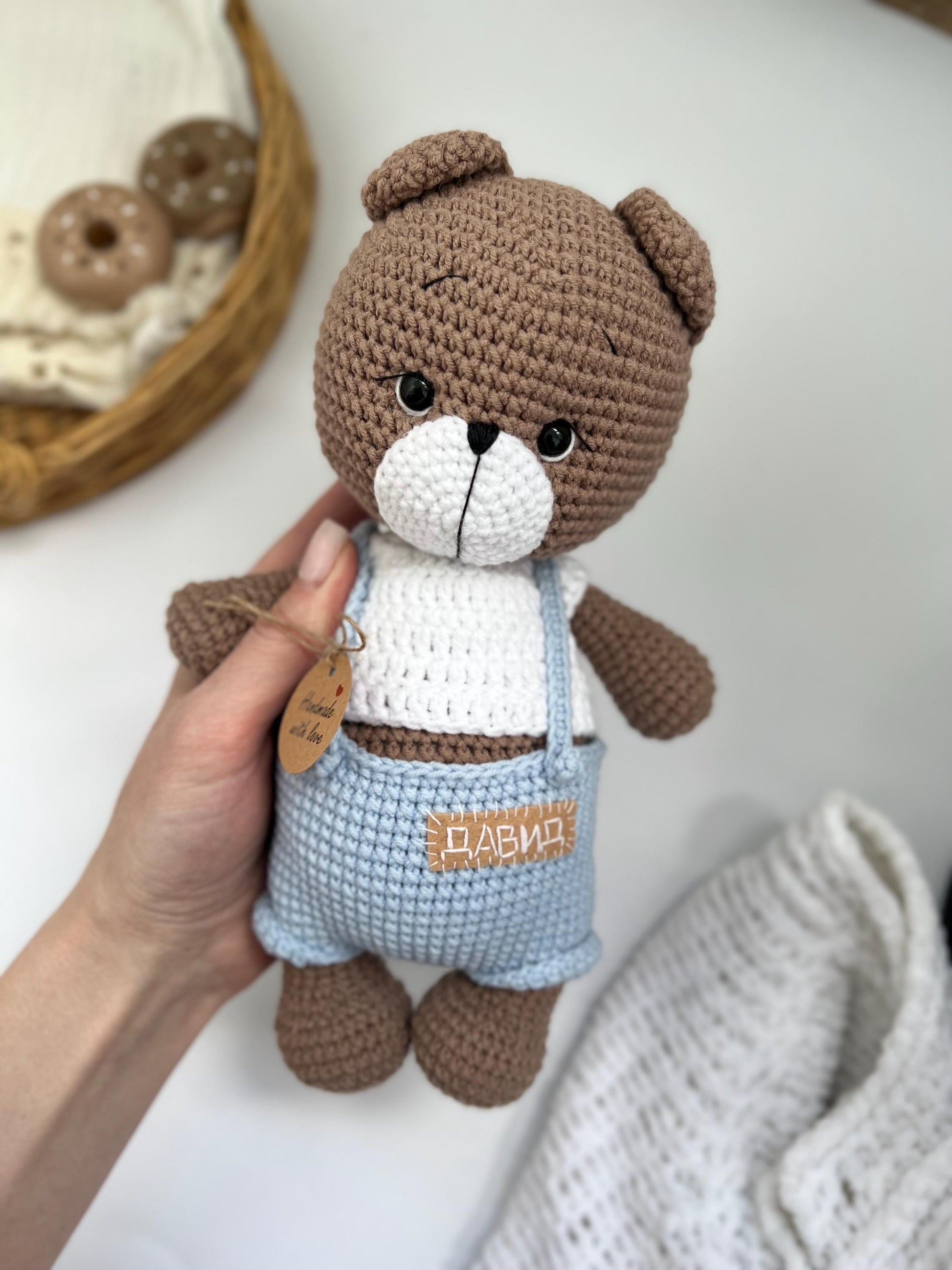 Personalized crochet teddy bear, first Christmas gift, soft stuffed animal amigurumi, toddler holiday gift, organic baby toys