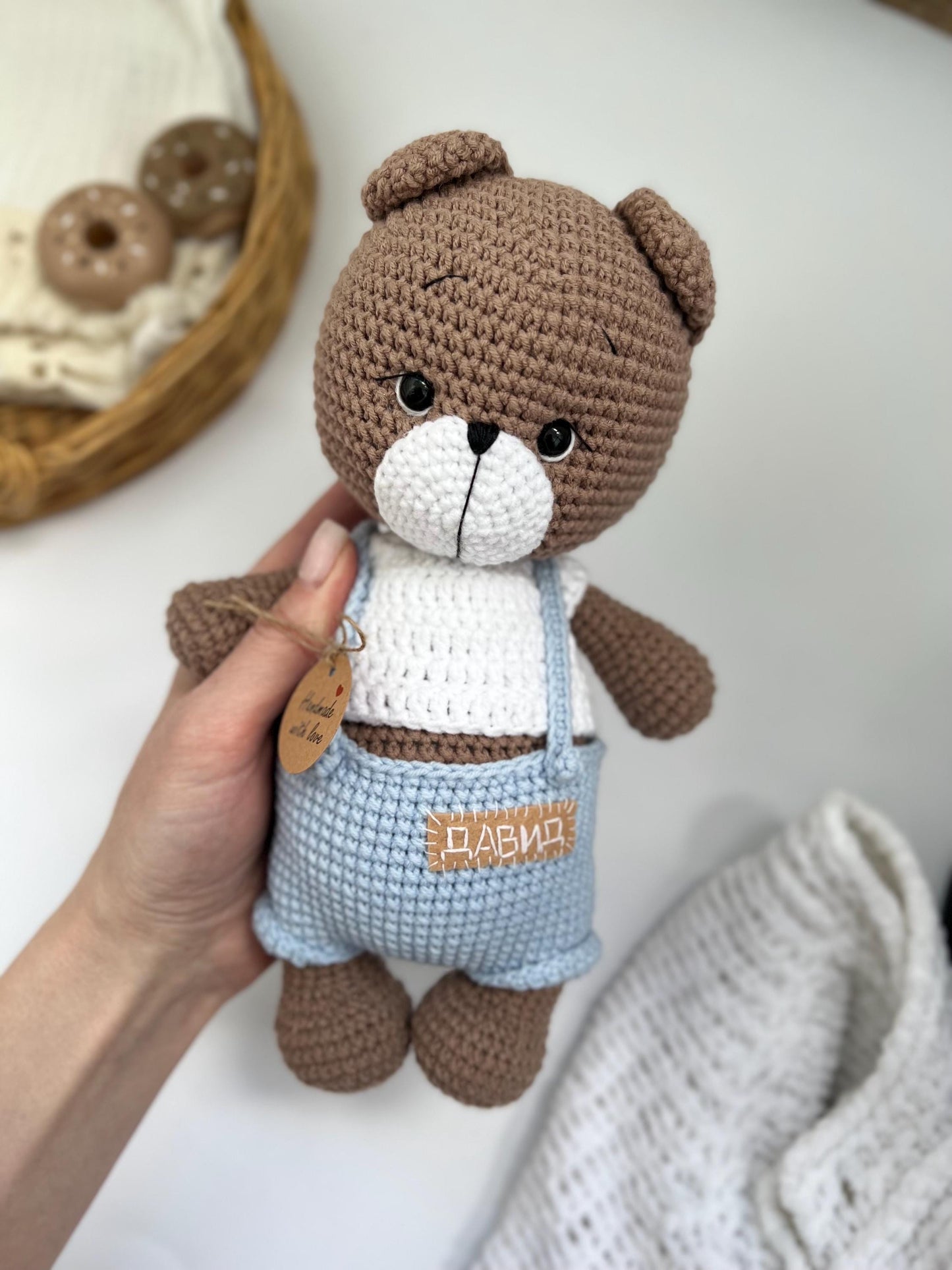 Personalized crochet teddy bear, cute bear amigurumi, baby Christmas gift, boho nursery decor, organic baby toys, first Halloween gift