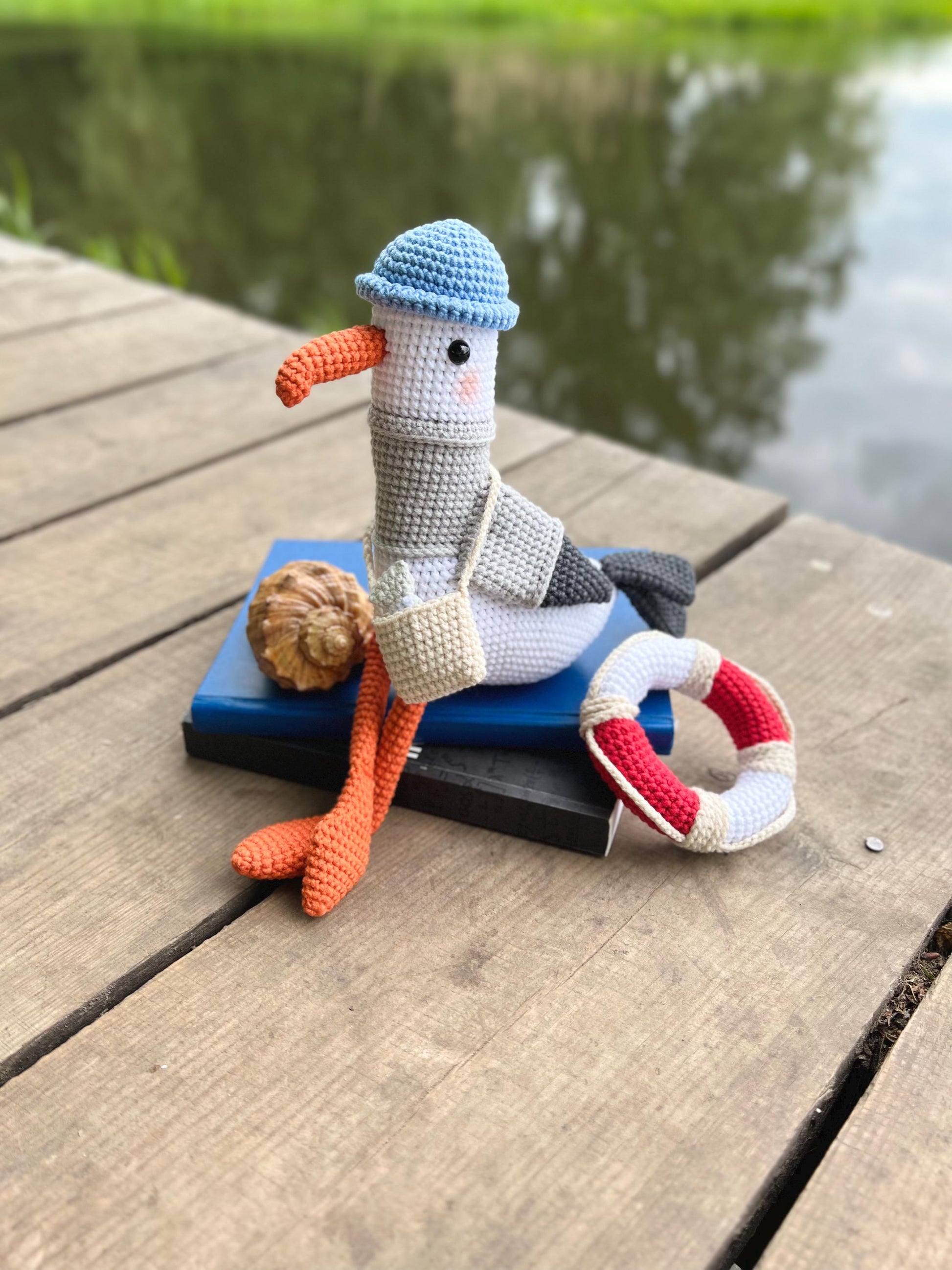 Crochet plush seagull with bag, ocean nursery toy, organic soft stuffed gull bird, custom amigurumi birds, 1st birthday boy gift