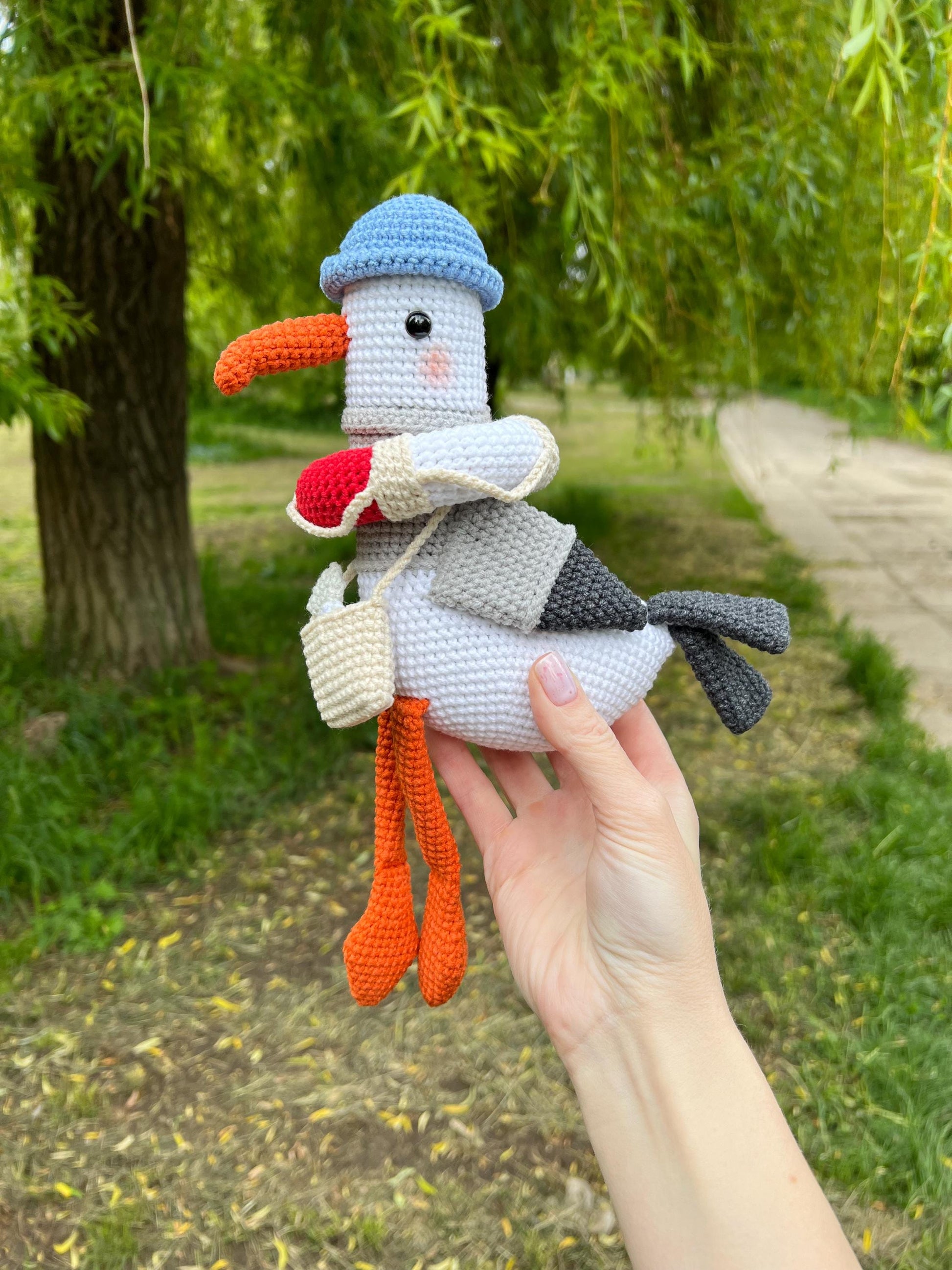 Crochet plush seagull with bag, ocean nursery toy, organic soft stuffed gull bird, custom amigurumi birds, 1st birthday boy gift