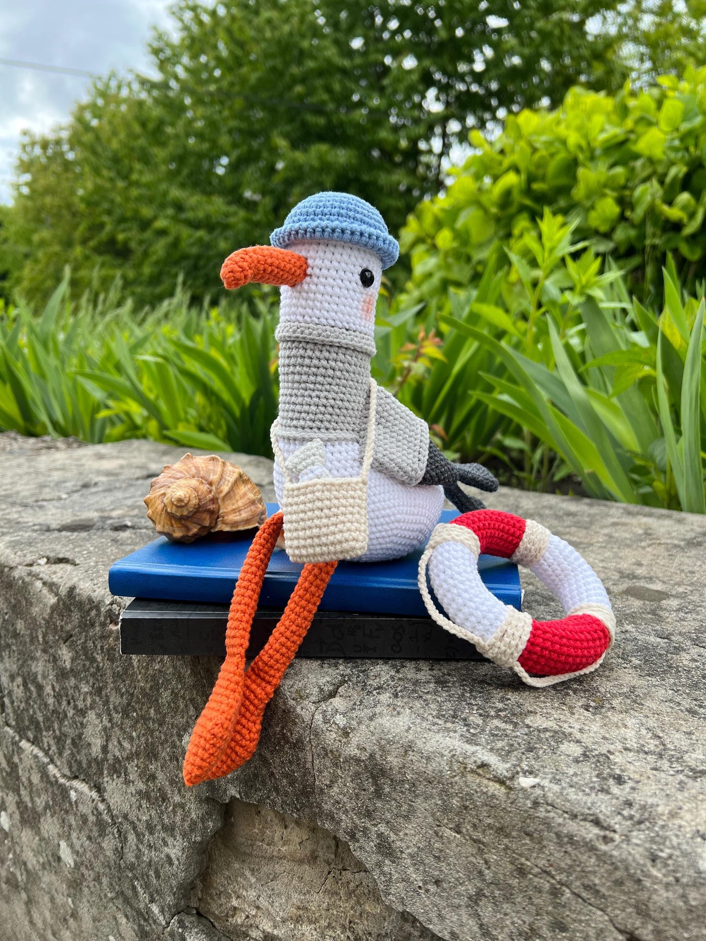 Crochet plush seagull with bag, ocean nursery toy, organic soft stuffed gull bird, custom amigurumi birds, 1st birthday boy gift