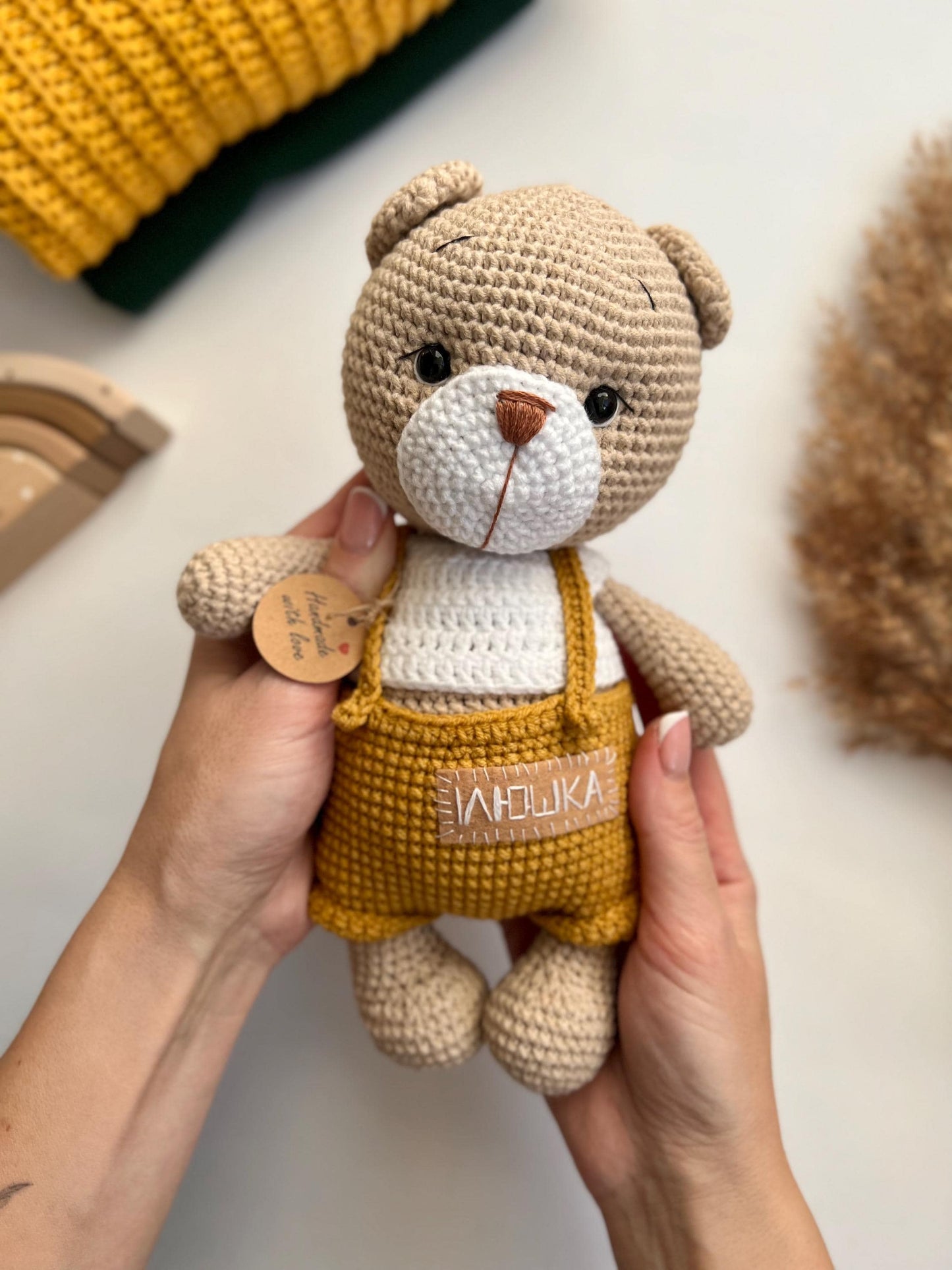 Personalized crochet teddy bear, first Christmas gift, soft stuffed animal amigurumi, toddler holiday gift, organic baby toys