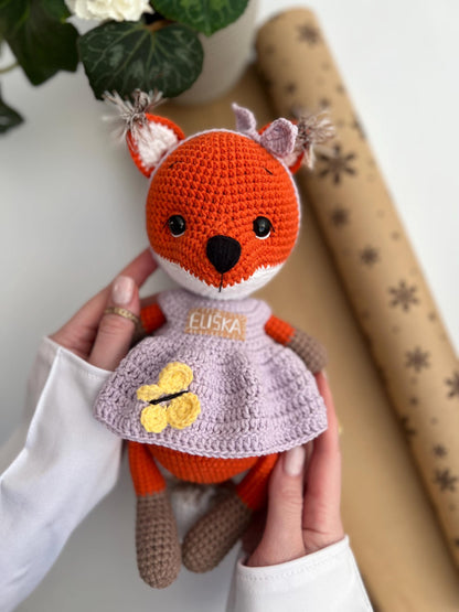 Plush crochet fox amigurumi, baptism baby gift, handmade soft stuffed animal, christening gift, personalized organic baby toys