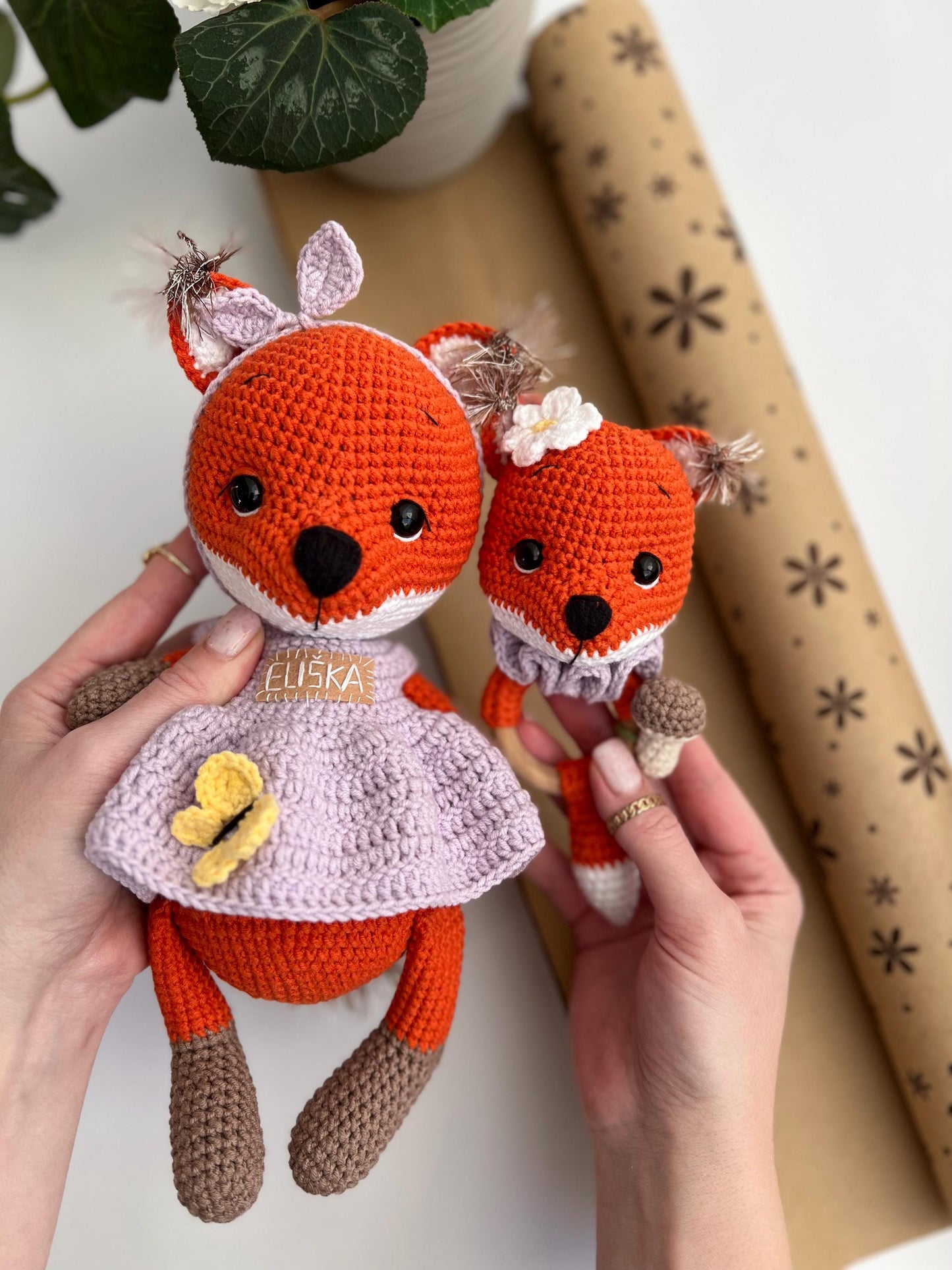 Personalized crochet fox amigurumi, kids holiday gift, niece Christmas gift, handmade stuffed plushies animals, baby christening gift