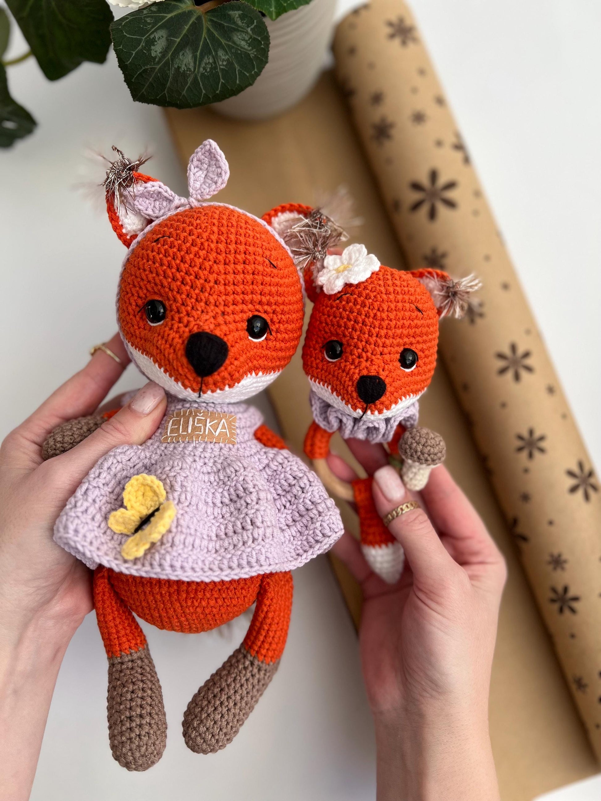 Personalized crochet fox amigurumi, kids holiday gift, niece Christmas gift, handmade stuffed plushies animals, baby christening gift