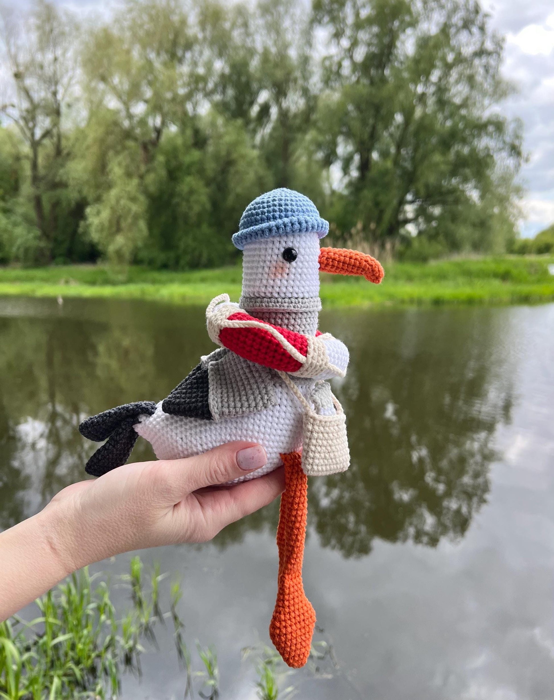Crochet plush seagull with bag, ocean nursery toy, organic soft stuffed gull bird, custom amigurumi birds, 1st birthday boy gift