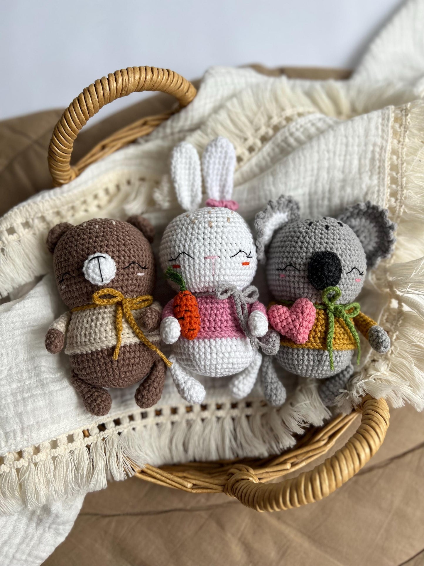 Baby first Christmas gift box, set of 3 tiny crochet animals amigurumi, cute koala bear gift, handmade soft stuffed bunny toy, holiday gift