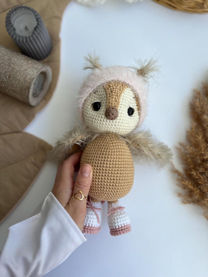 Organic plush owl toy, crochet owl amigurumi, bird lover gift, handmade soft stuffed baby toys, teacher gift idea, boho nursery decor
