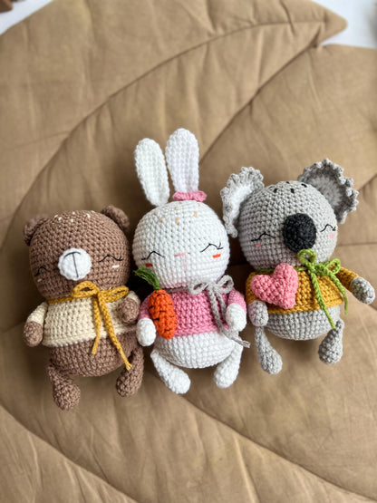 Baby first Christmas gift box, set of 3 tiny crochet animals amigurumi, cute koala bear gift, handmade soft stuffed bunny toy, holiday gift