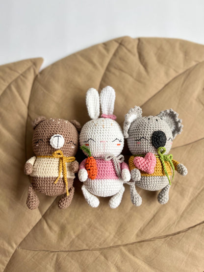 Baby first Christmas gift box, set of 3 tiny crochet animals amigurumi, cute koala bear gift, handmade soft stuffed bunny toy, holiday gift