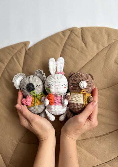 Baby first Christmas gift box, set of 3 tiny crochet animals amigurumi, cute koala bear gift, handmade soft stuffed bunny toy, holiday gift