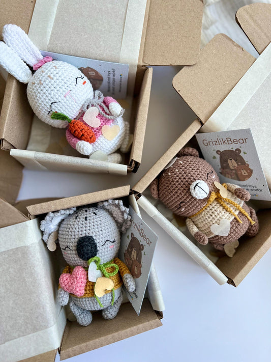 Set of 3 crochet tiny animals, crochet kids gift box, plush tiny teddy bear, cute amigurumi bunny, crochet koala gift, soft stuffed animal