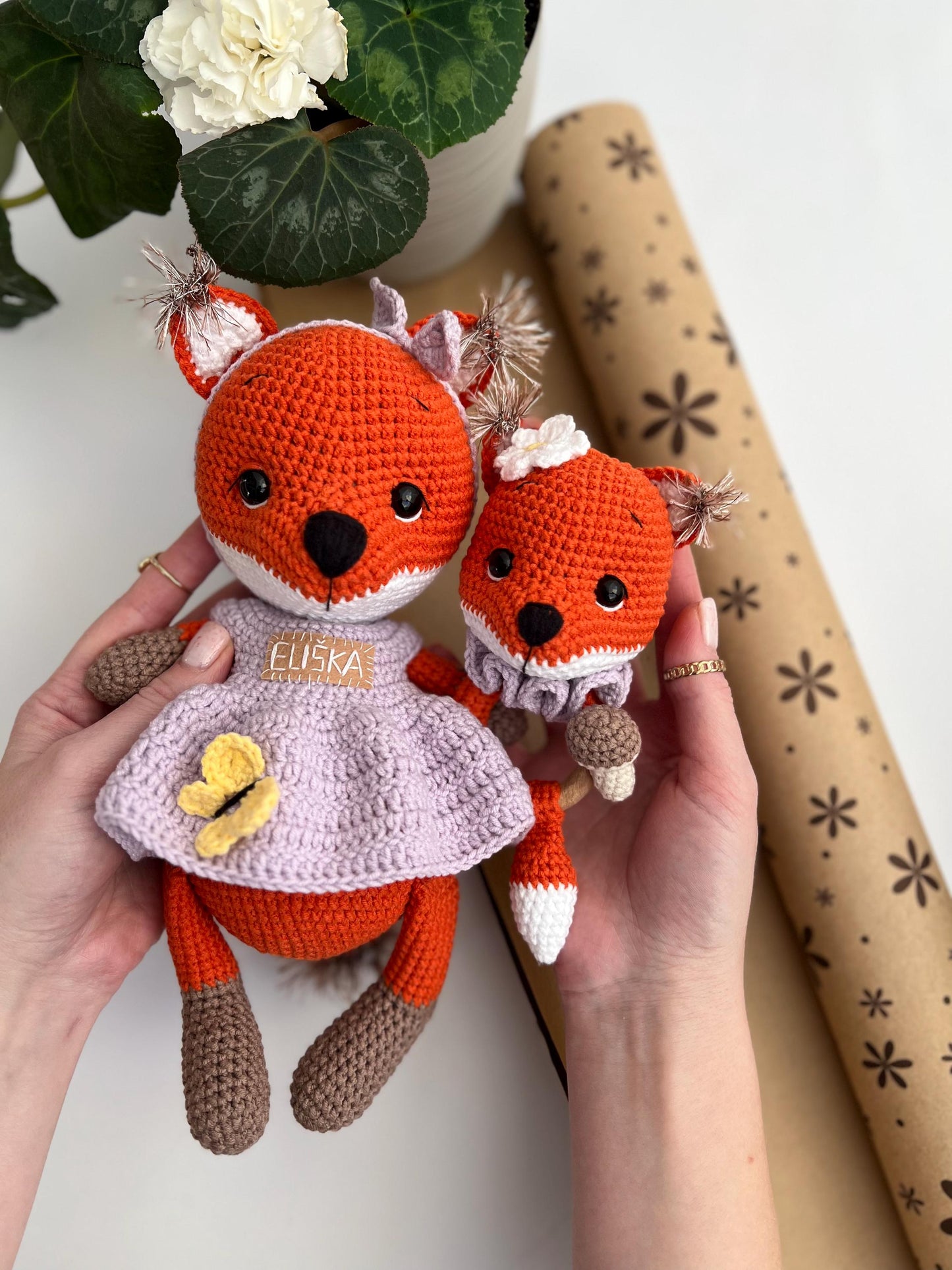 Plush crochet fox amigurumi, baptism baby gift, handmade soft stuffed animal, christening gift, personalized organic baby toys