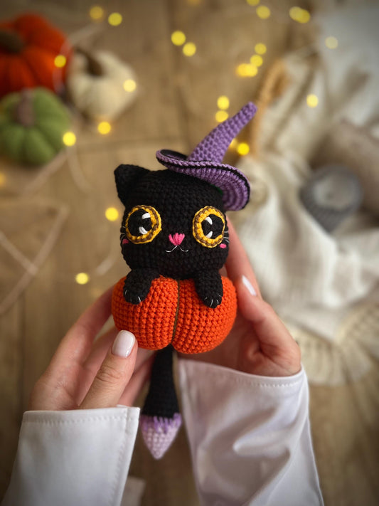 Black crochet cat toy, plush Halloween pumpkin, gothic home decor, spooky season decor, cat amigurumi toy, toddler Halloween gift