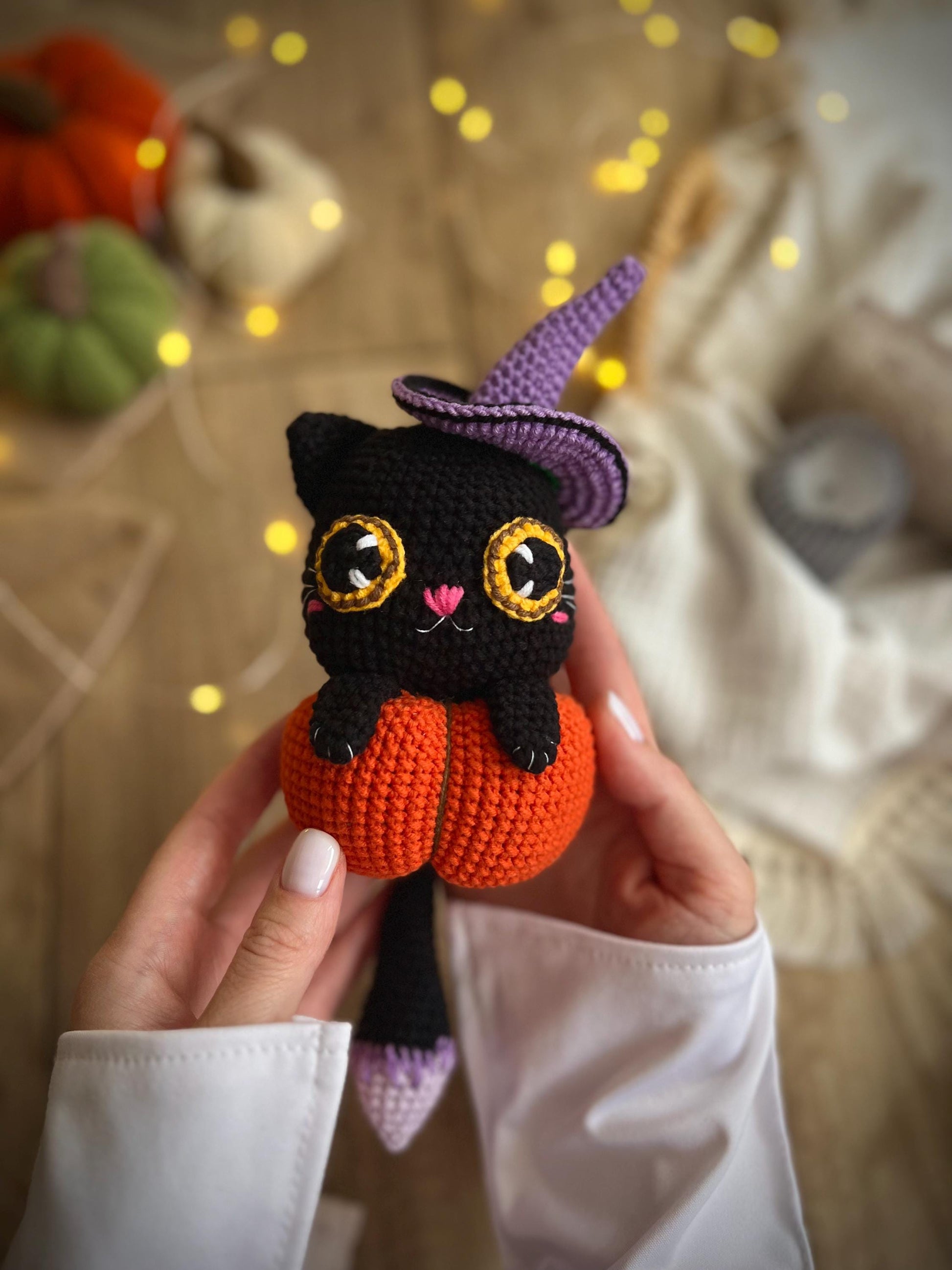 Halloween crochet cat with pumpkin, gothic home decor, black crochet cat amigurumi, spooky season decor, toddler gift, autumn crochet toy