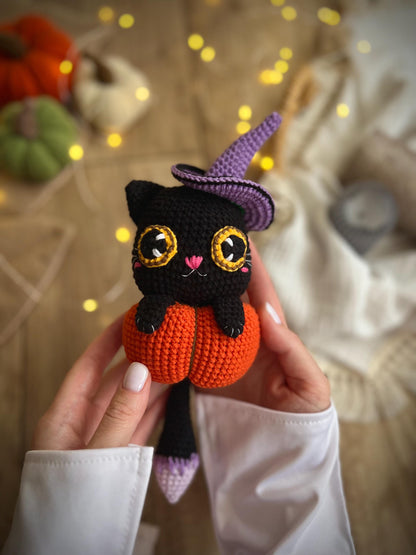 Halloween crochet cat with pumpkin, gothic home decor, black crochet cat amigurumi, spooky season decor, toddler gift, autumn crochet toy