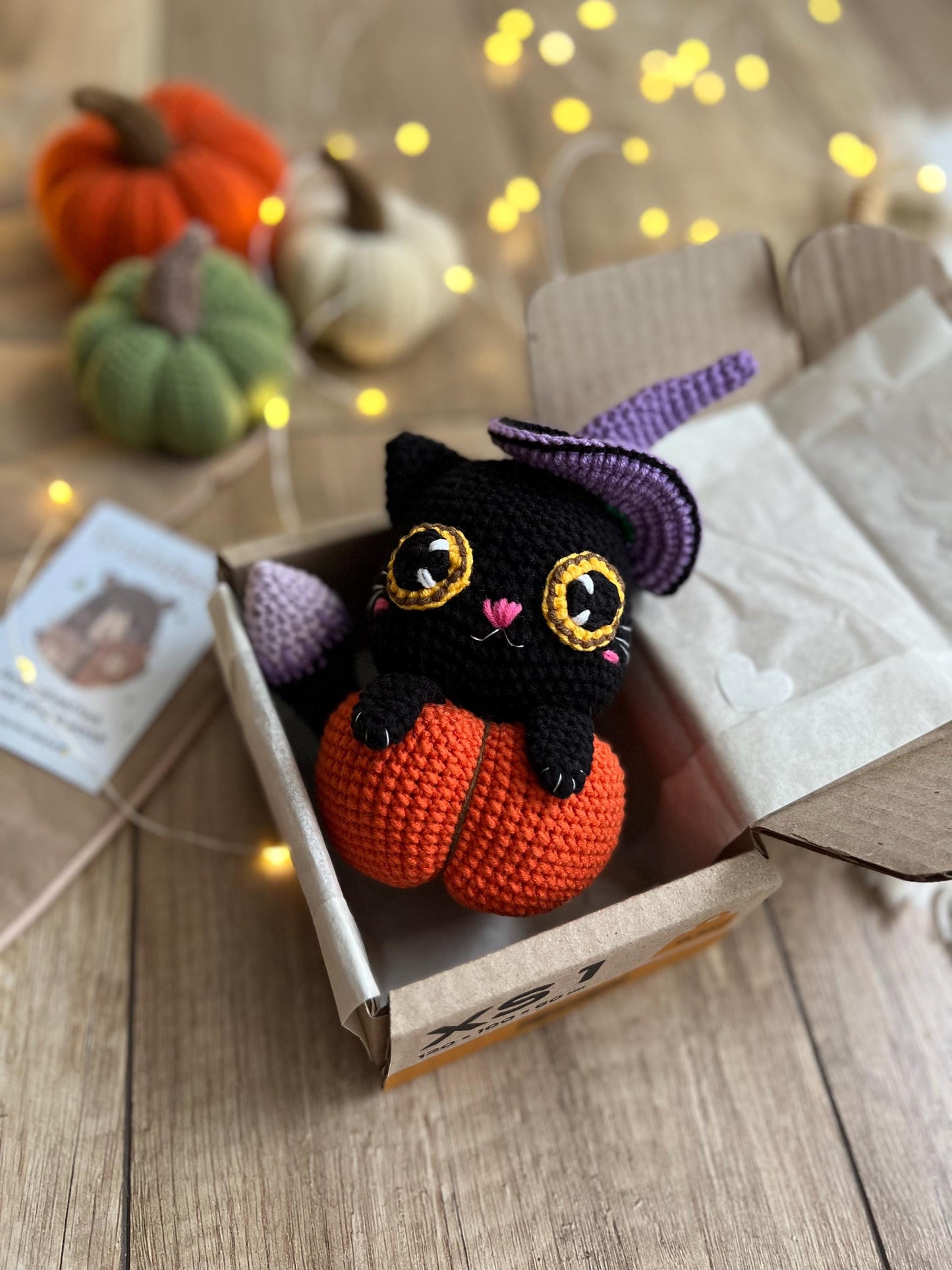Black crochet cat toy, plush Halloween pumpkin, gothic home decor, spooky season decor, cat amigurumi toy, toddler Halloween gift