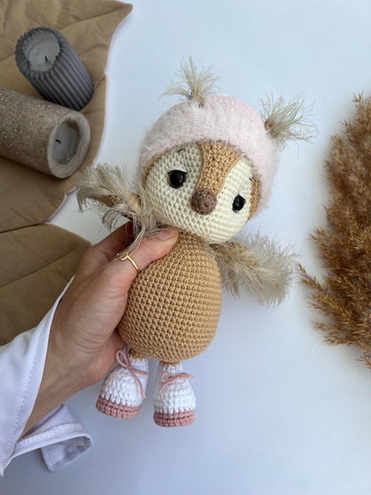 Organic plush owl toy, crochet owl amigurumi, bird lover gift, handmade soft stuffed baby toys, teacher gift idea, boho nursery decor