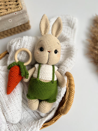 Kids holiday amigurumi rabbit, baby first Christmas gift, handmade crochet bunny toy