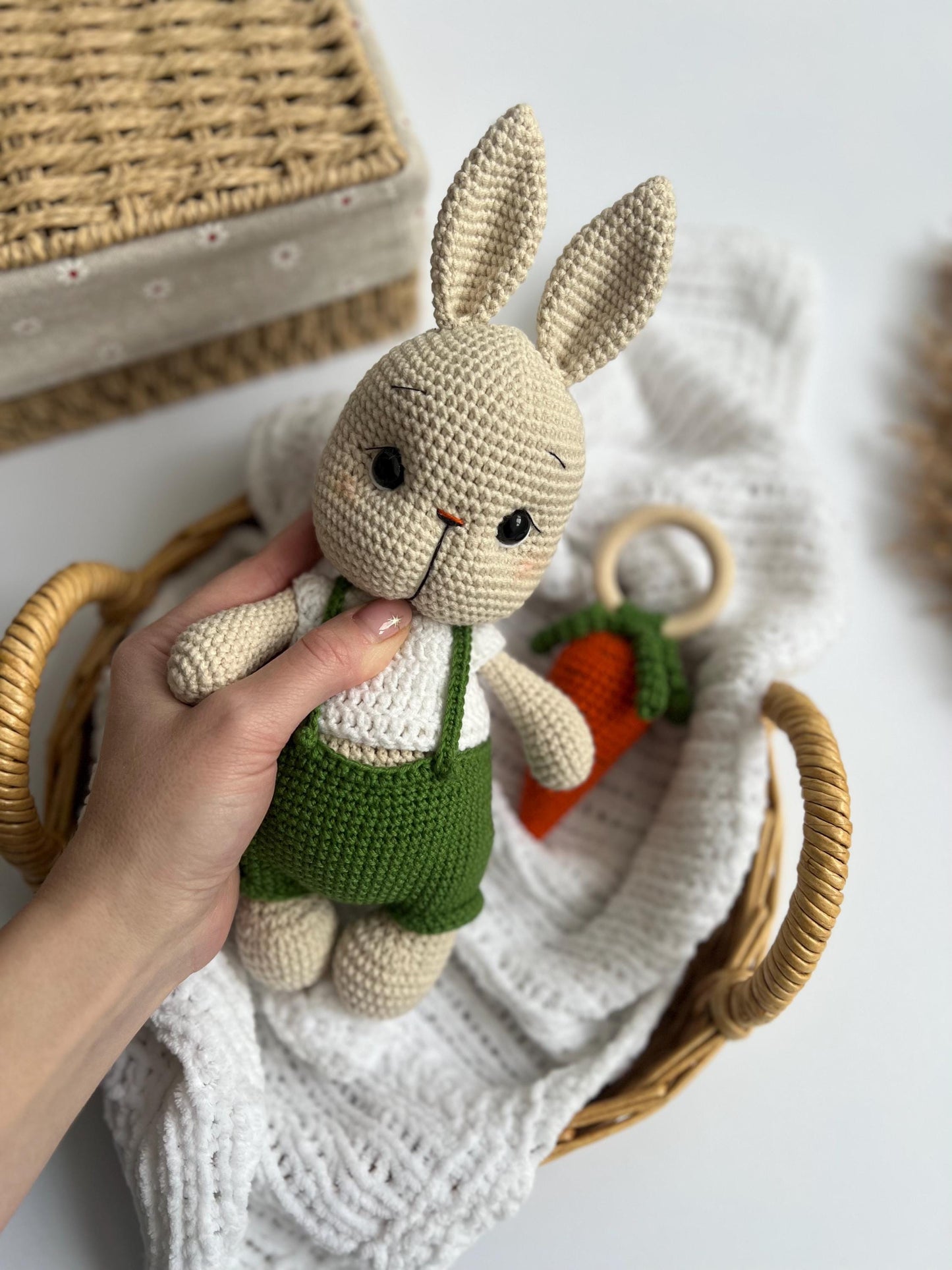 Kids holiday amigurumi rabbit, baby first Christmas gift, handmade crochet bunny toy