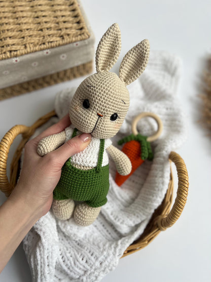 Kids holiday amigurumi rabbit, baby first Christmas gift, handmade crochet bunny toy