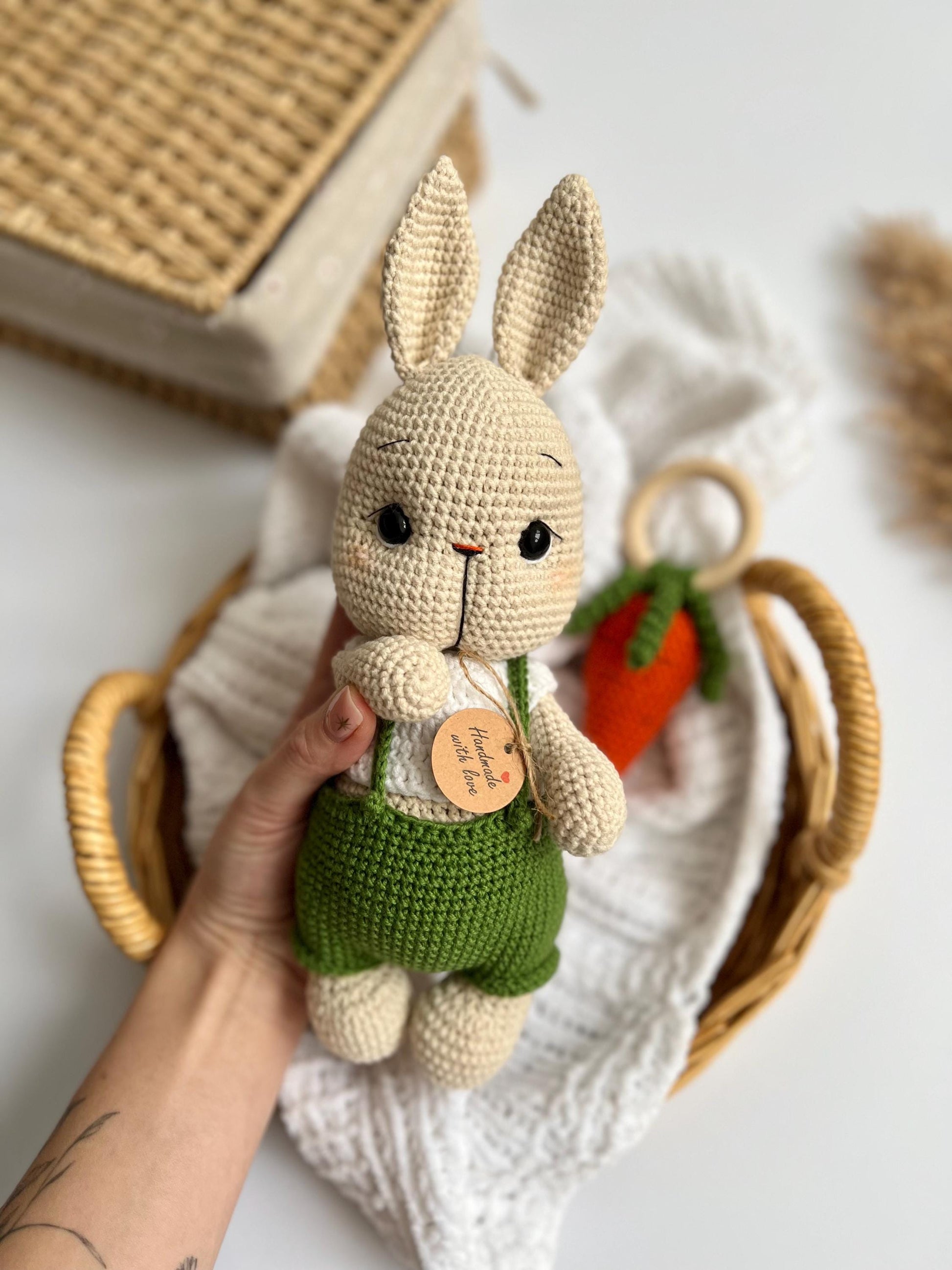 Kids holiday amigurumi rabbit, baby first Christmas gift, handmade crochet bunny toy