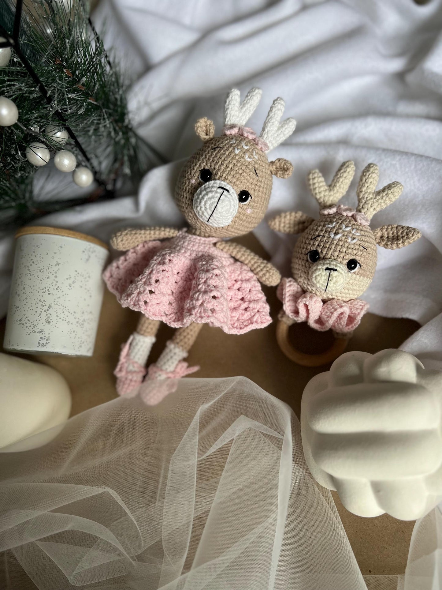 Cute crochet Christmas reindeer, girl nursery decor, deer amigurumi toy, first Christmas gift, baby shower gift, organic baby toys