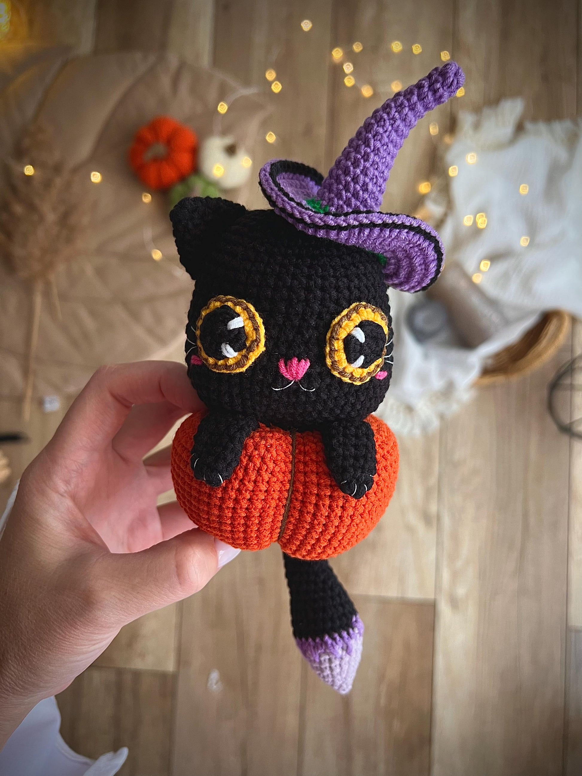 Black crochet cat toy, plush Halloween pumpkin, gothic home decor, spooky season decor, cat amigurumi toy, toddler Halloween gift