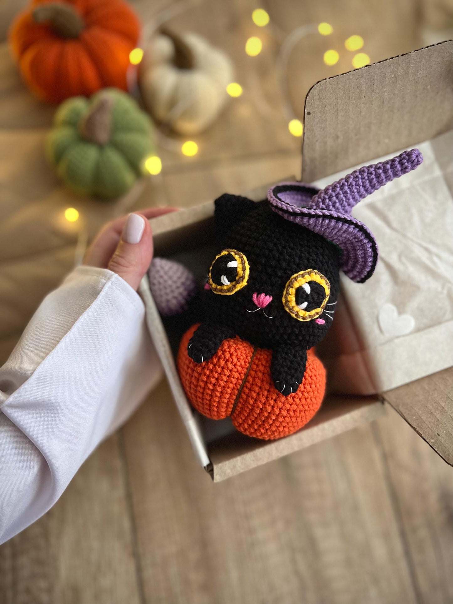 Black crochet cat toy, plush Halloween pumpkin, gothic home decor, spooky season decor, cat amigurumi toy, toddler Halloween gift