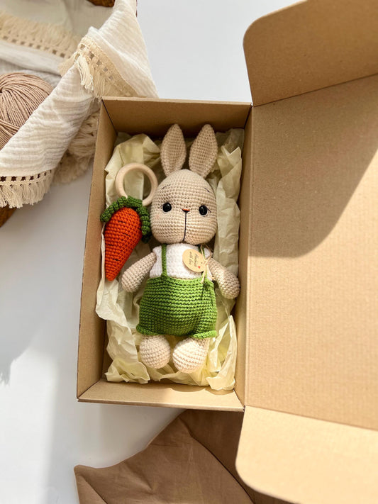 Kids holiday amigurumi rabbit, baby first Christmas gift, handmade crochet bunny toy