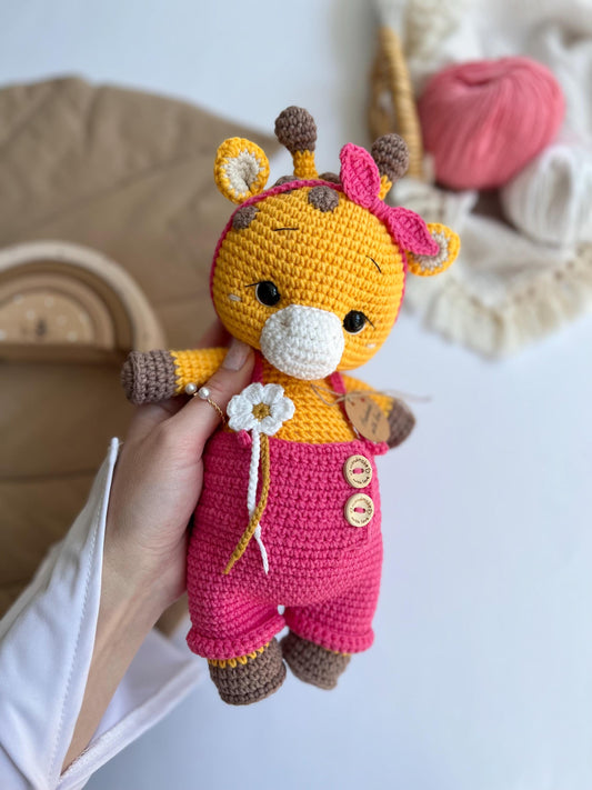 Cute pink crochet giraffe amigurumi, baby first Christmas personalized crochet giraffe, safari girl nursery decor, grandchild gift