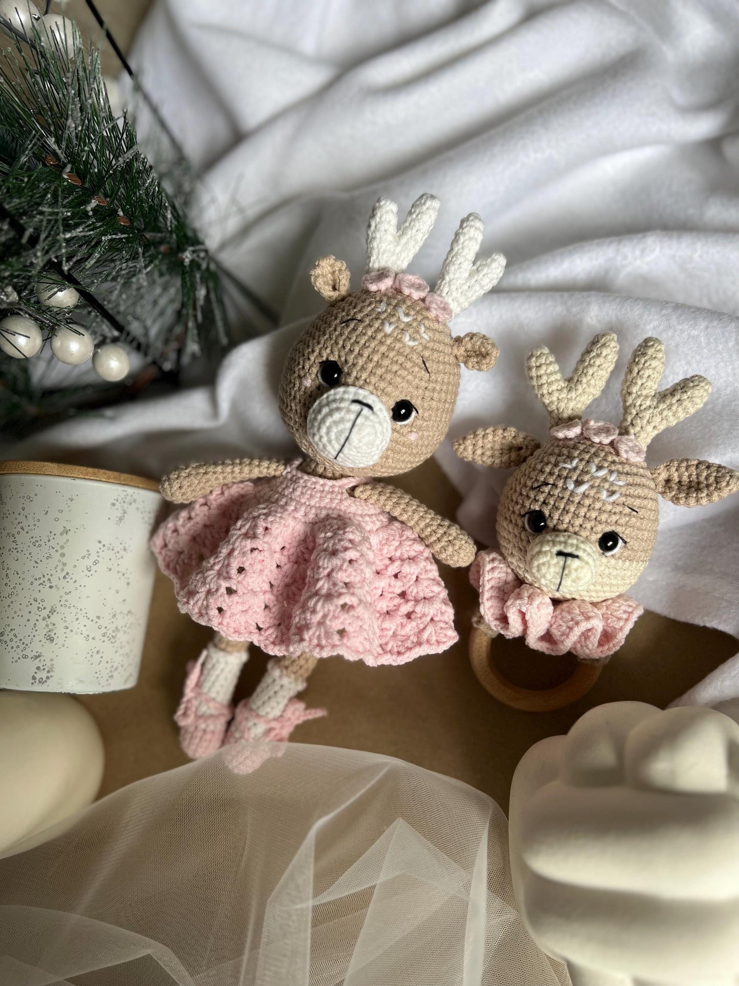 Cute crochet Christmas reindeer, girl nursery decor, deer amigurumi toy, first Christmas gift, baby shower gift, organic baby toys