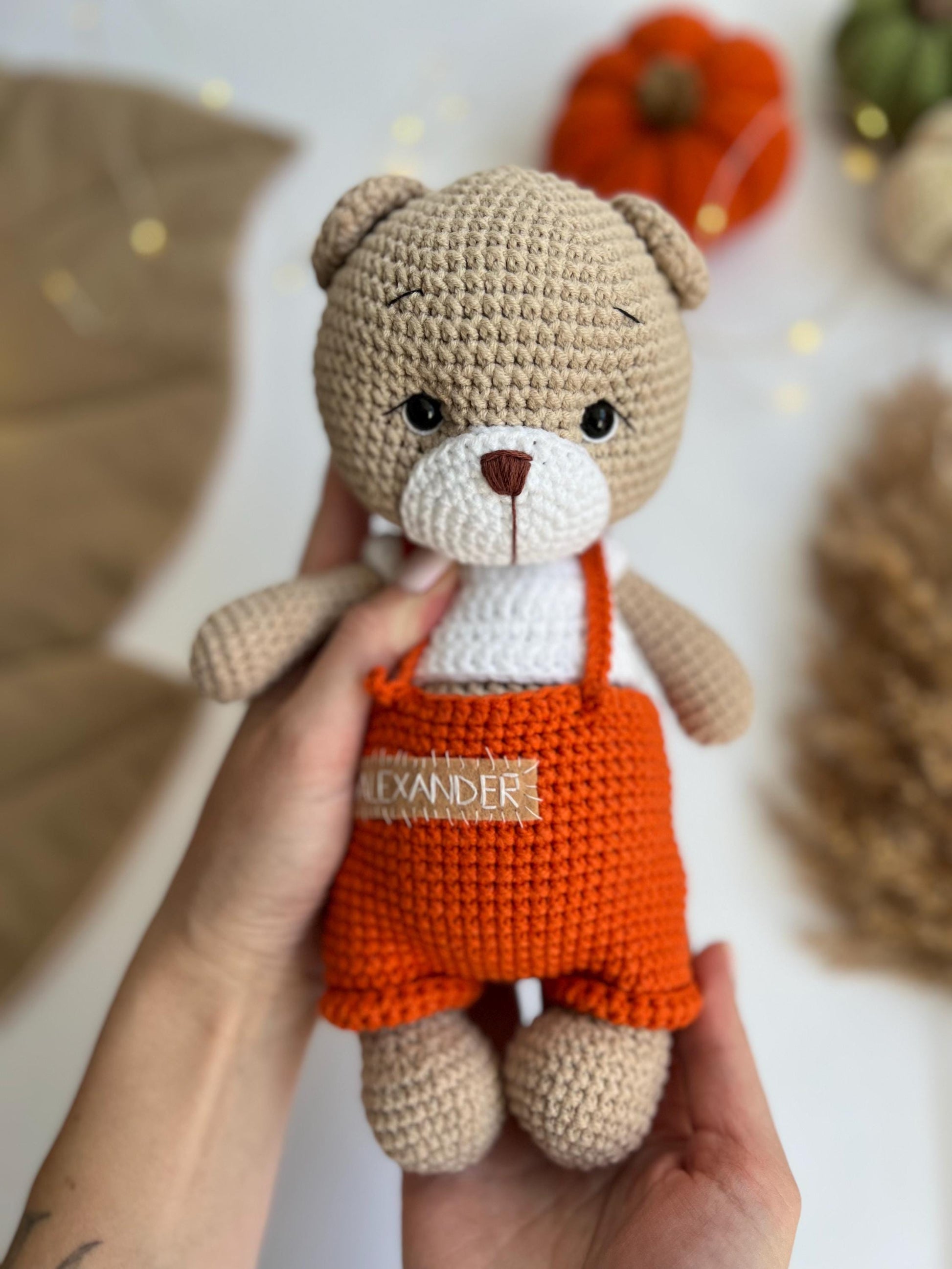 Personalized crochet teddy bear, cute bear amigurumi, baby Christmas gift, boho nursery decor, organic baby toys, first Halloween gift